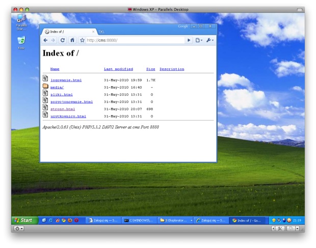Wynik po wpisaniu adresu wirtualnego hosta w Chrome pod Windows XP